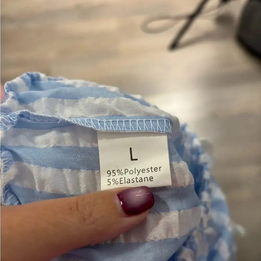 Blue White Striped Ruffle Hem Drawstring Shorts Large